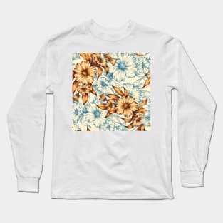 Orange and blue hand drawn floral pattern Long Sleeve T-Shirt